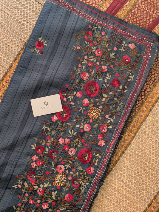 Tussar Embroidery Saree- Grey